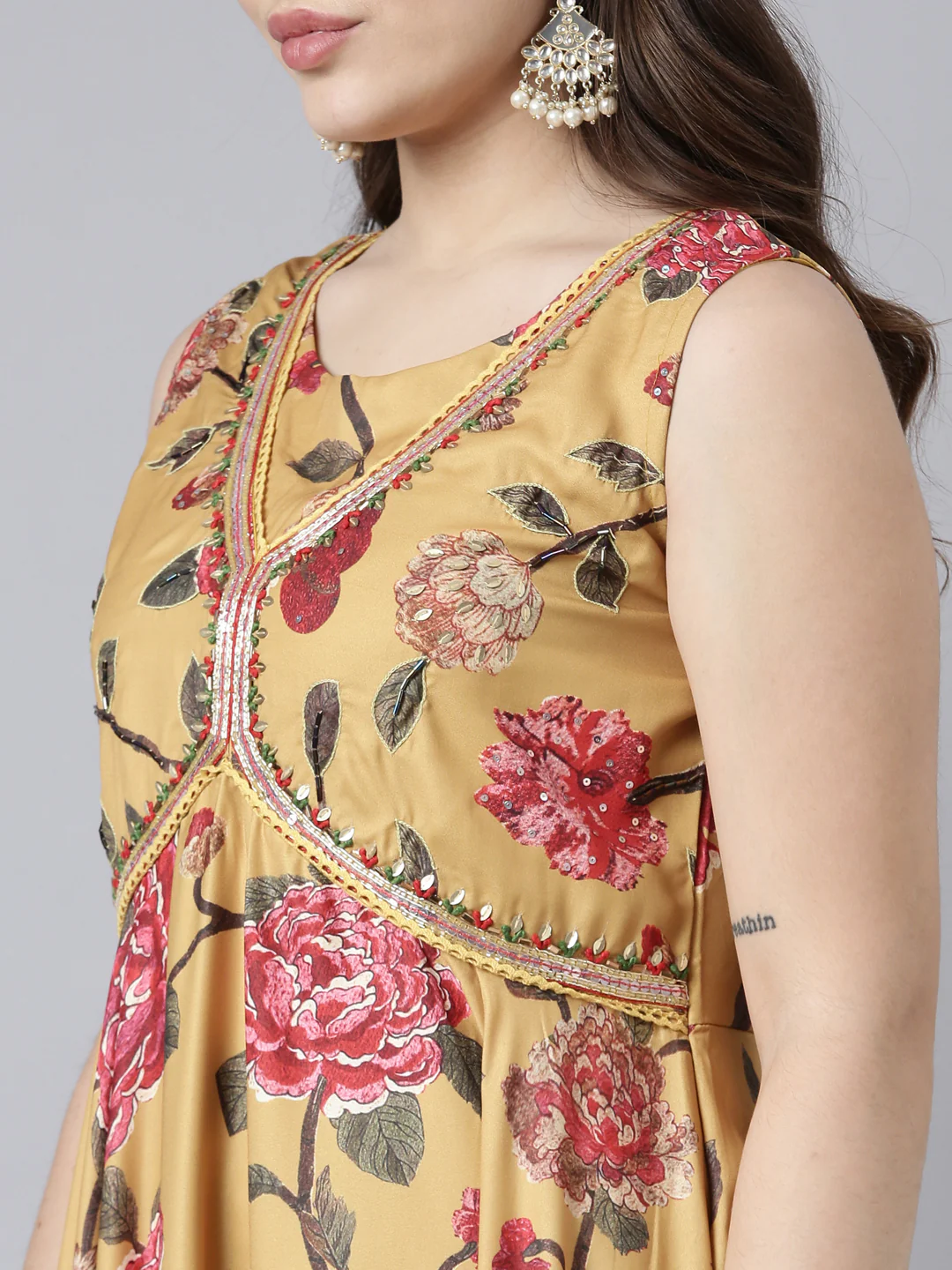 Neerus Mustard Flared Casual Floral Fit and Flare Dresses - Image 4