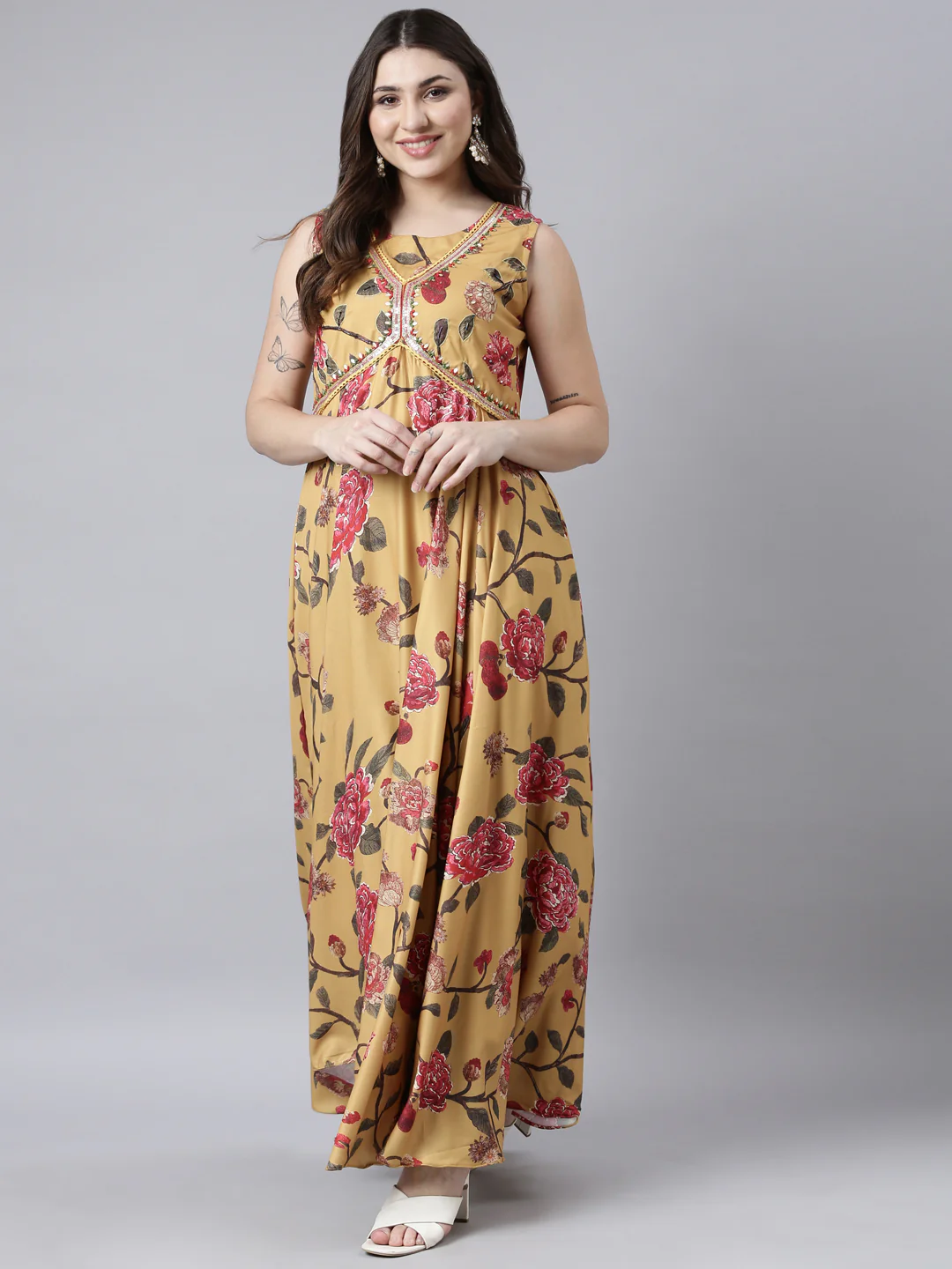 Neerus Mustard Flared Casual Floral Fit and Flare Dresses - Image 5