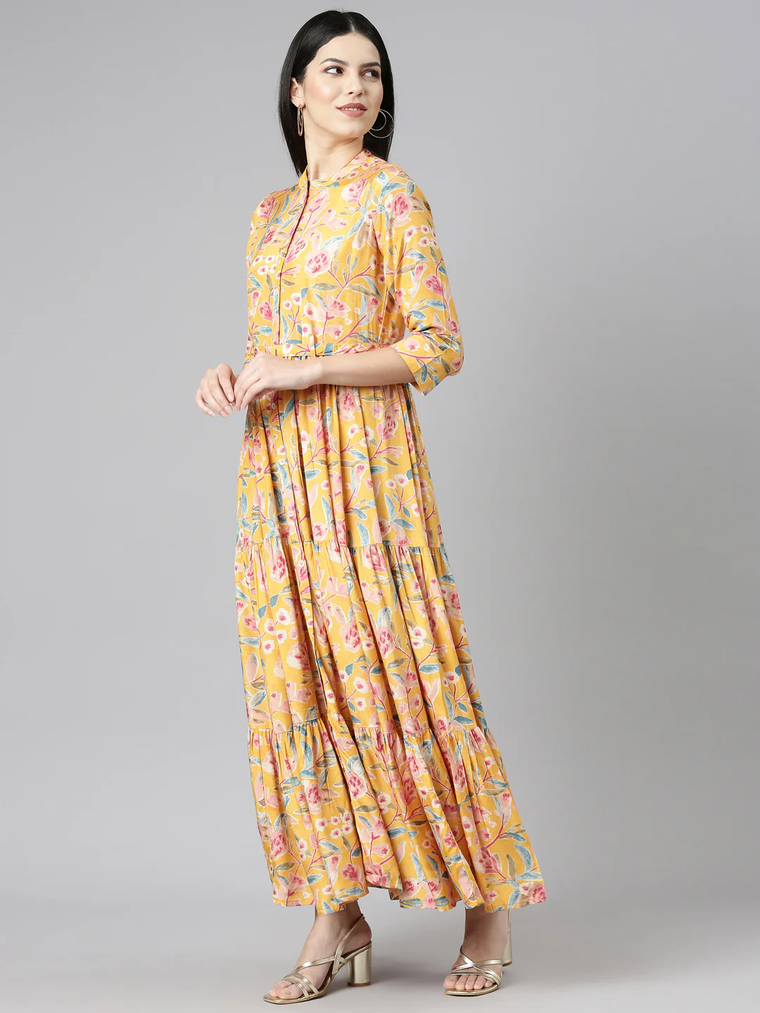 Neerus Mustard Flared Casual Printed Gown - Image 2