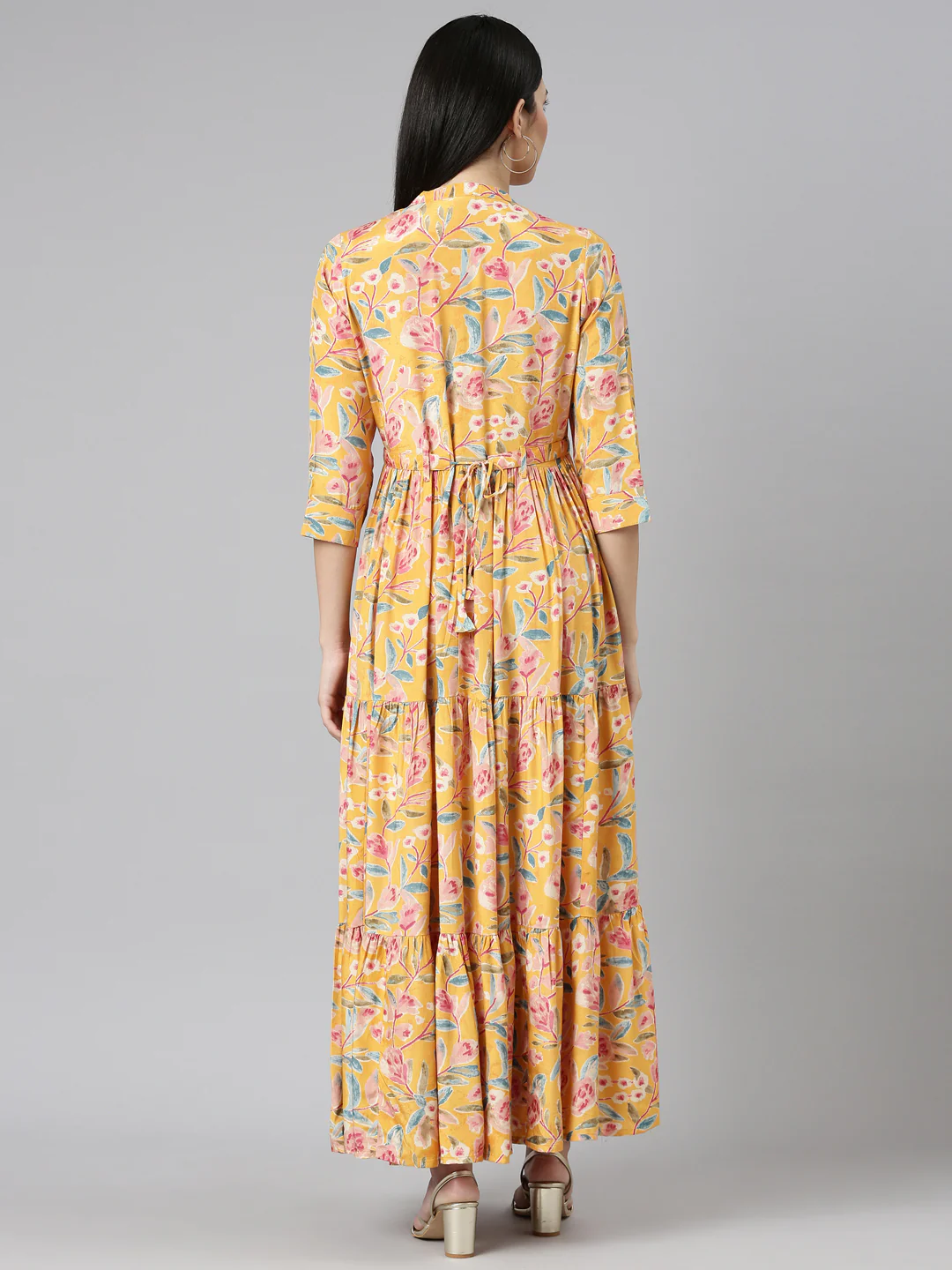 Neerus Mustard Flared Casual Printed Gown - Image 3
