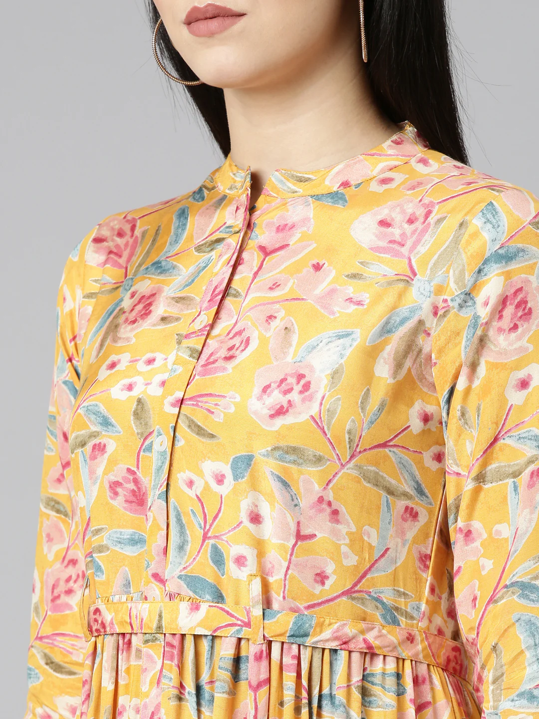 Neerus Mustard Flared Casual Printed Gown - Image 4