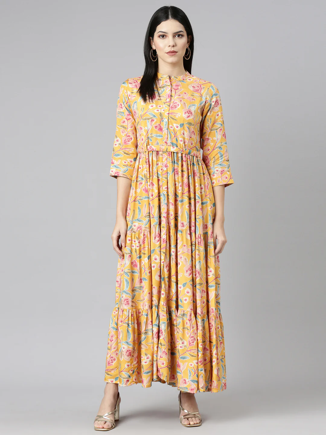 Neerus Mustard Flared Casual Printed Gown - Image 5