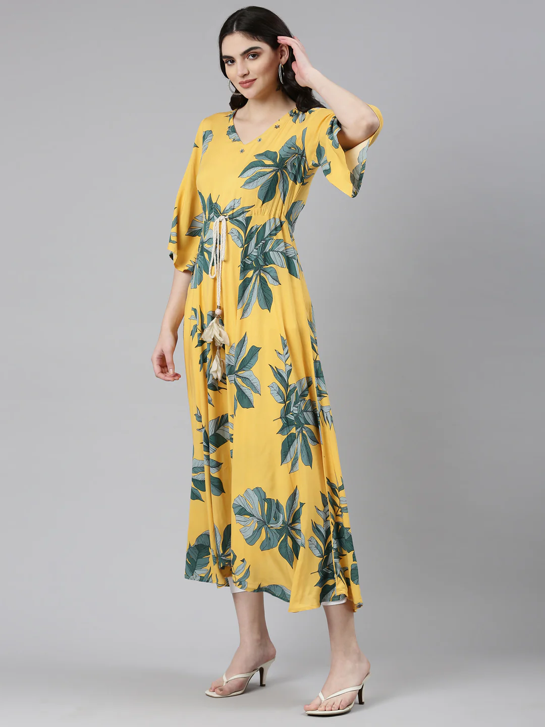 Neerus Mustard High-Low Casual Printed Dress - Image 2