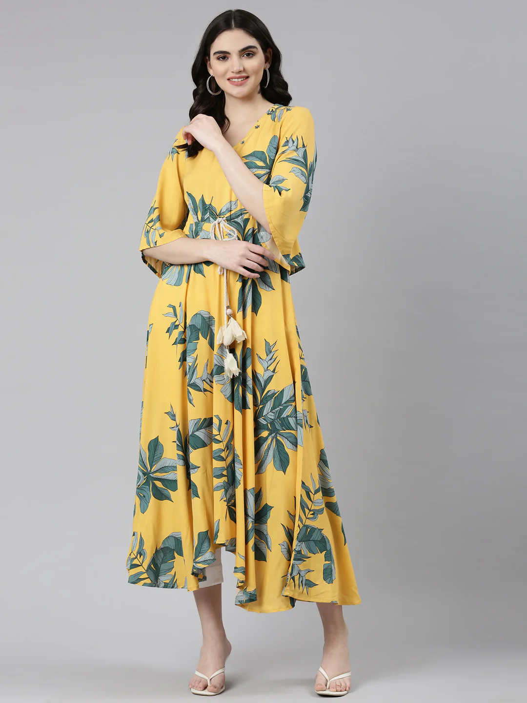 Neerus Mustard High-Low Casual Printed Dress - Image 5