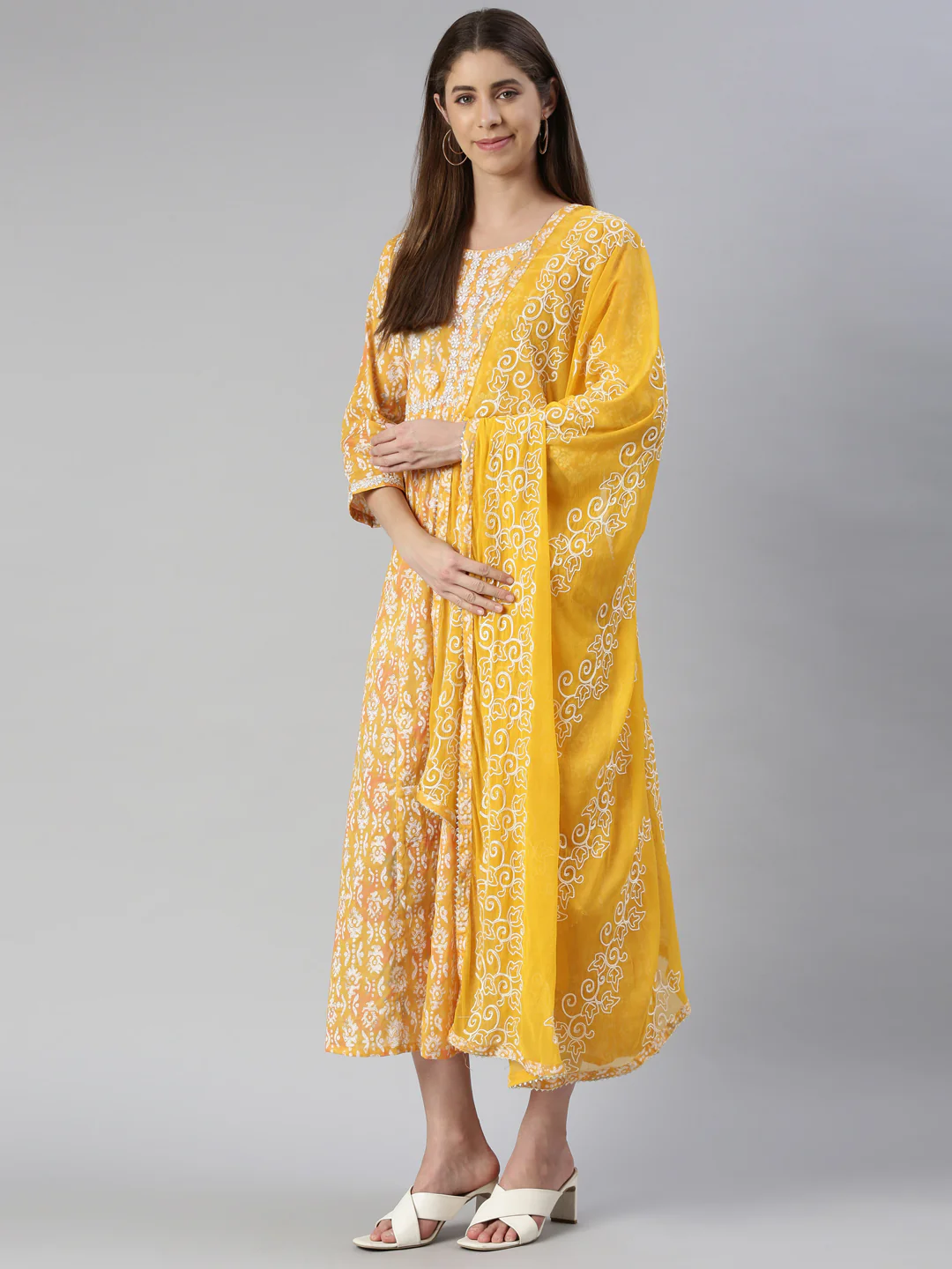 Neerus Mustard Maxi Casual Printed Dresses