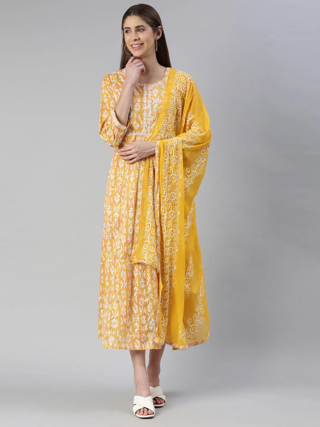 Neerus Mustard Maxi Casual Printed Dresses - Image 6