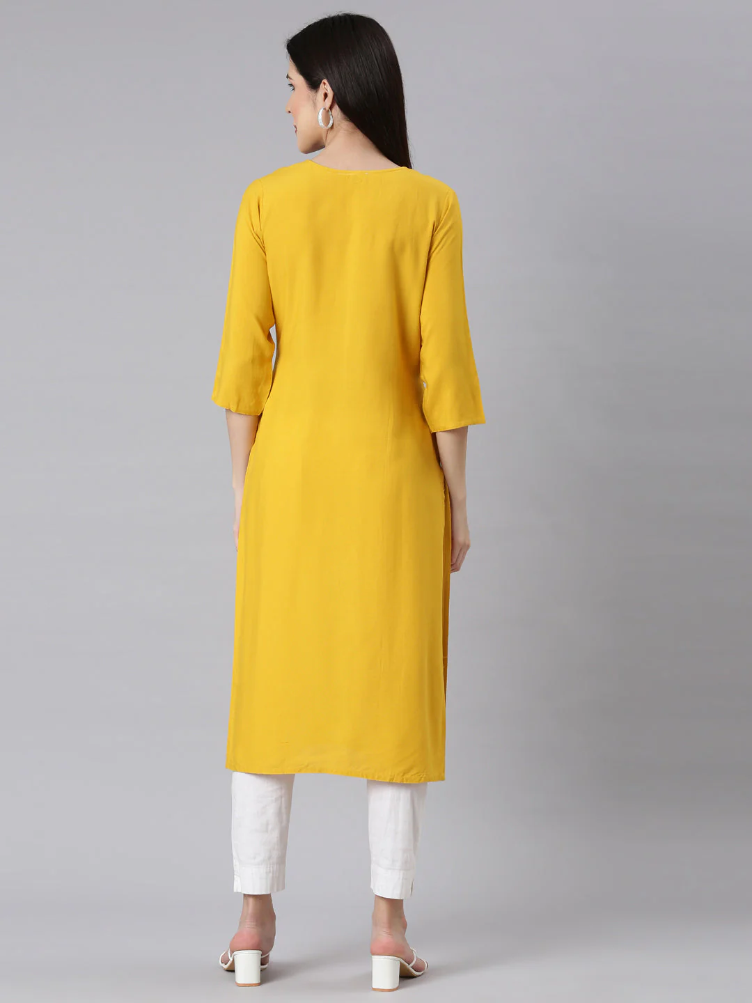 Neerus Mustard Panelled Straight Embellished Kurta - Image 3