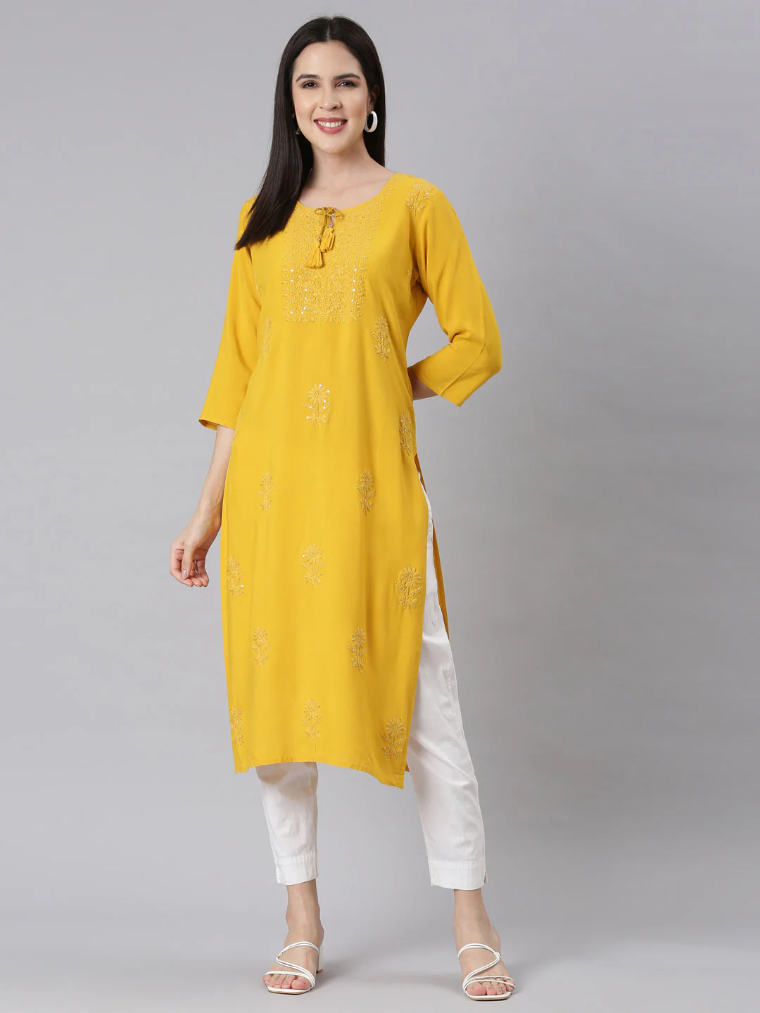 Neerus Mustard Panelled Straight Embellished Kurta - Image 4