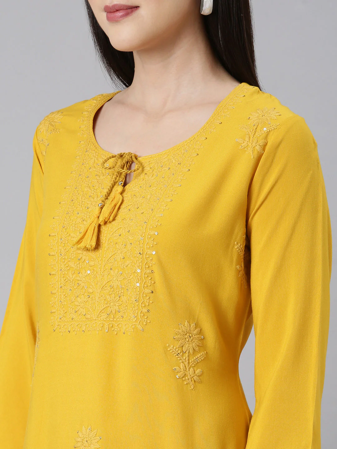 Neerus Mustard Panelled Straight Embellished Kurta - Image 5