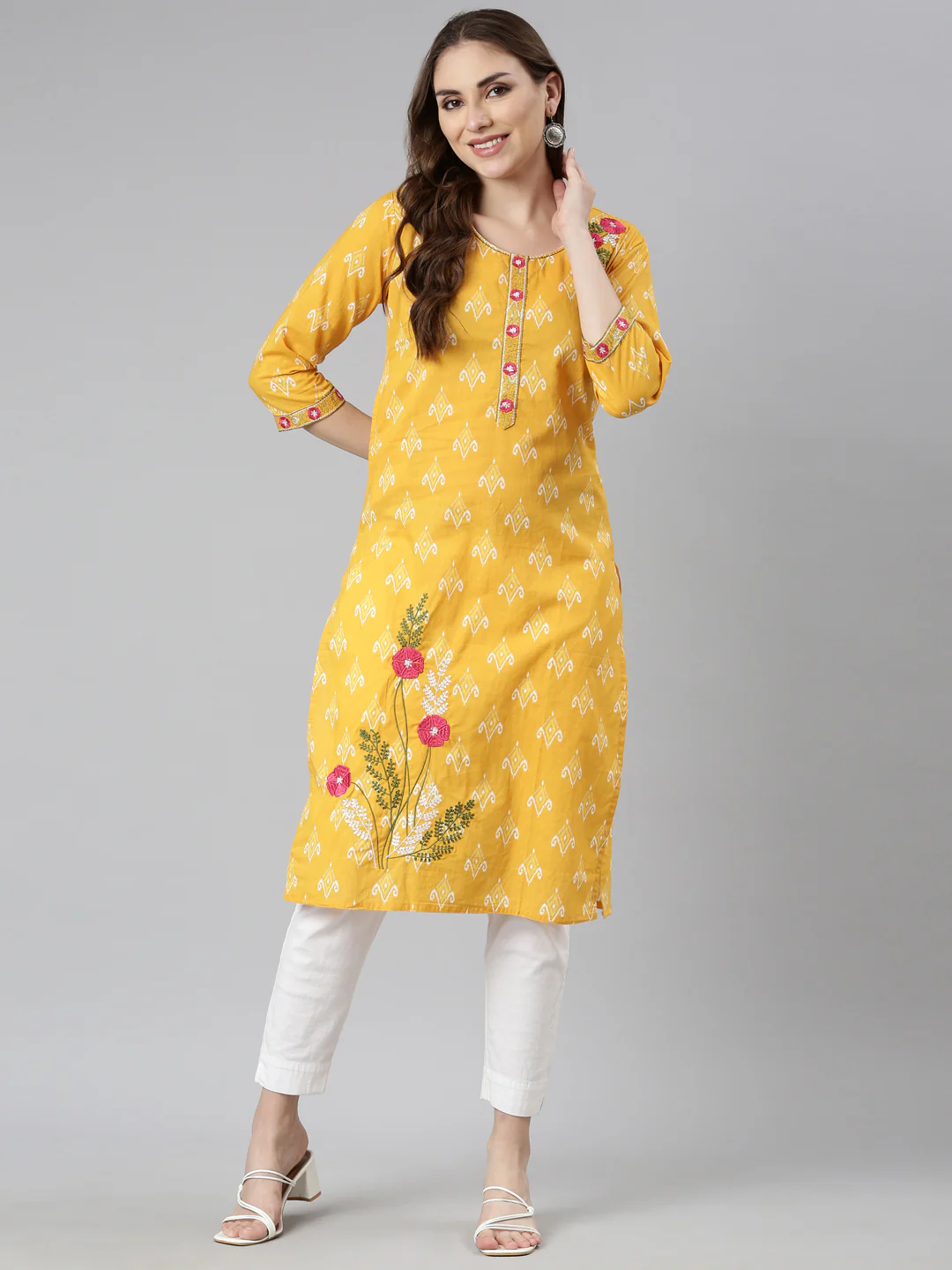 Neerus Mustard Panelled Straight Floral Kurta - Image 4
