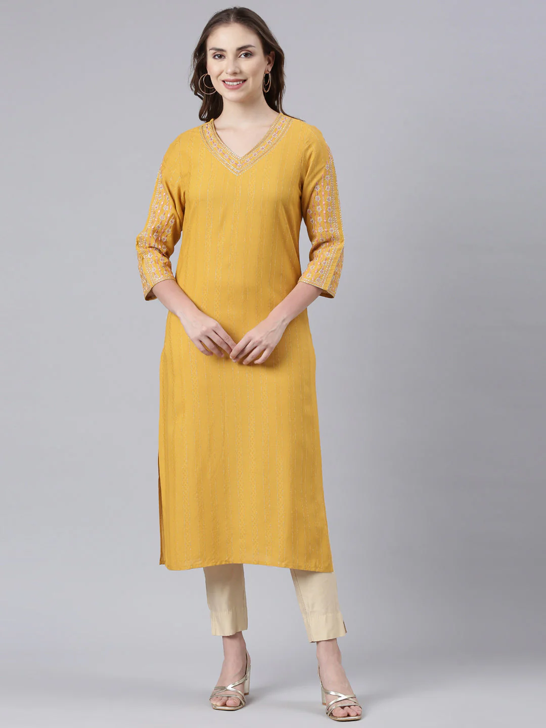 Neerus Mustard Panelled Straight Floral Kurta