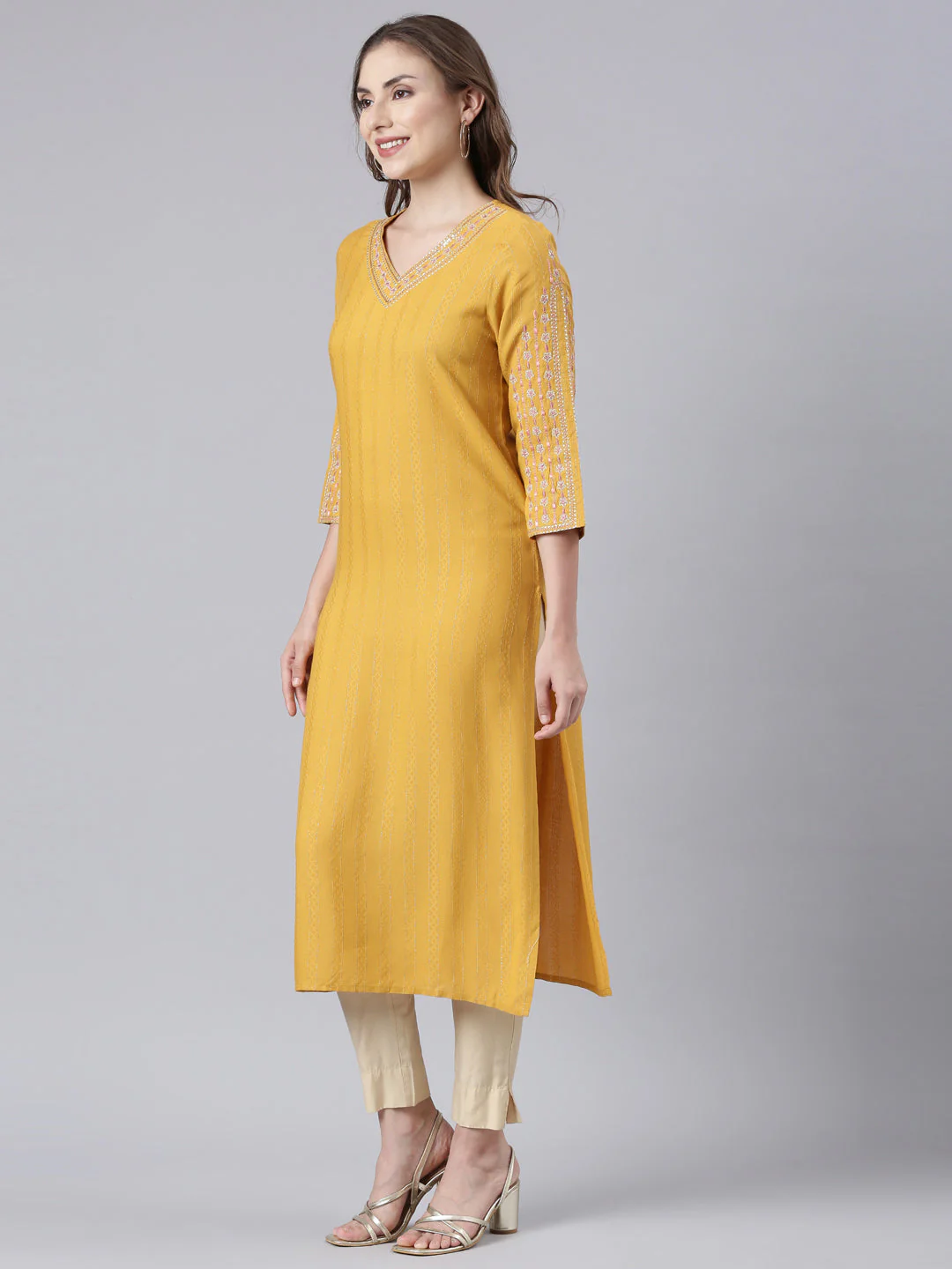 Neerus Mustard Panelled Straight Floral Kurta - Image 2