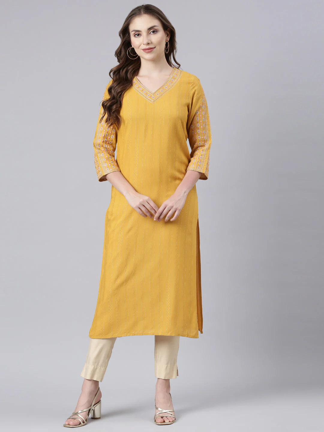 Neerus Mustard Panelled Straight Floral Kurta - Image 5