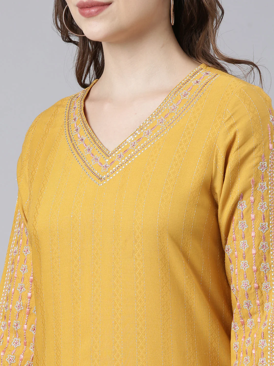 Neerus Mustard Panelled Straight Floral Kurta - Image 6