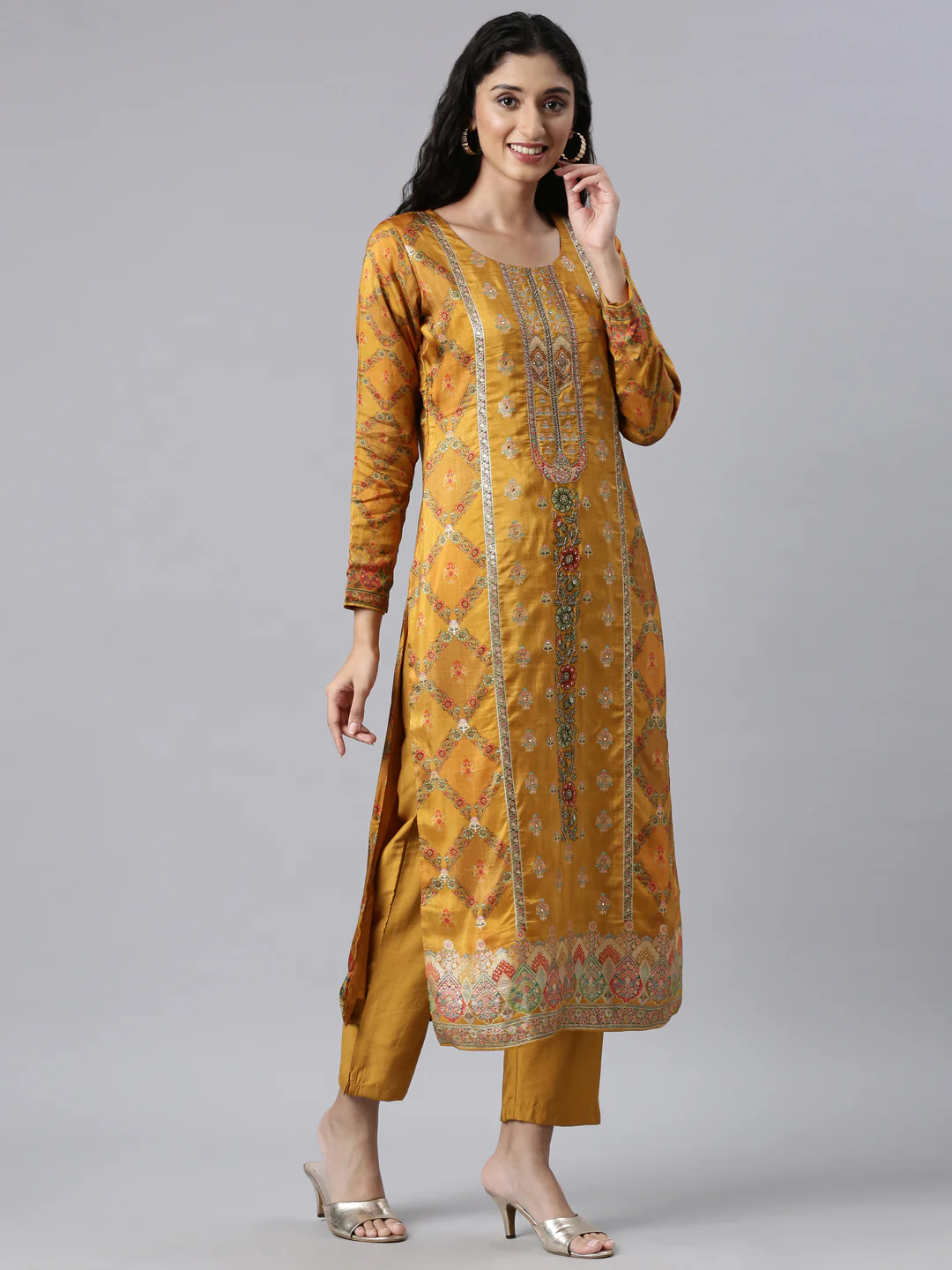 Neerus Mustard Panelled Straight Kurta and Trousers With Dupatta - Image 2