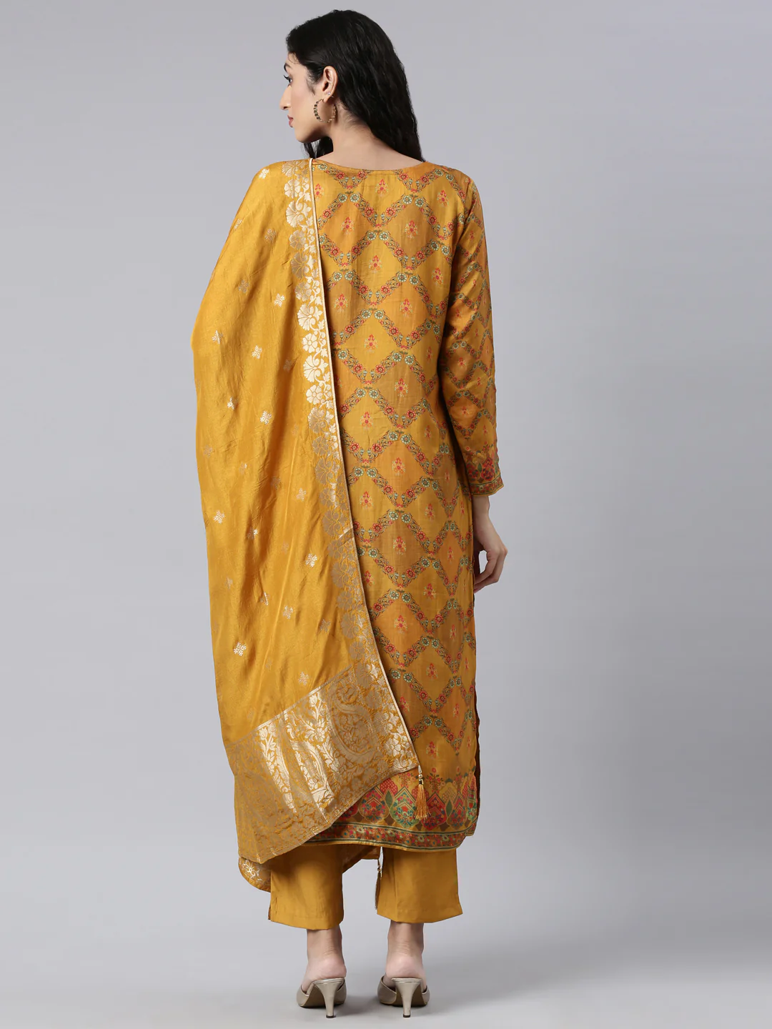 Neerus Mustard Panelled Straight Kurta and Trousers With Dupatta - Image 3