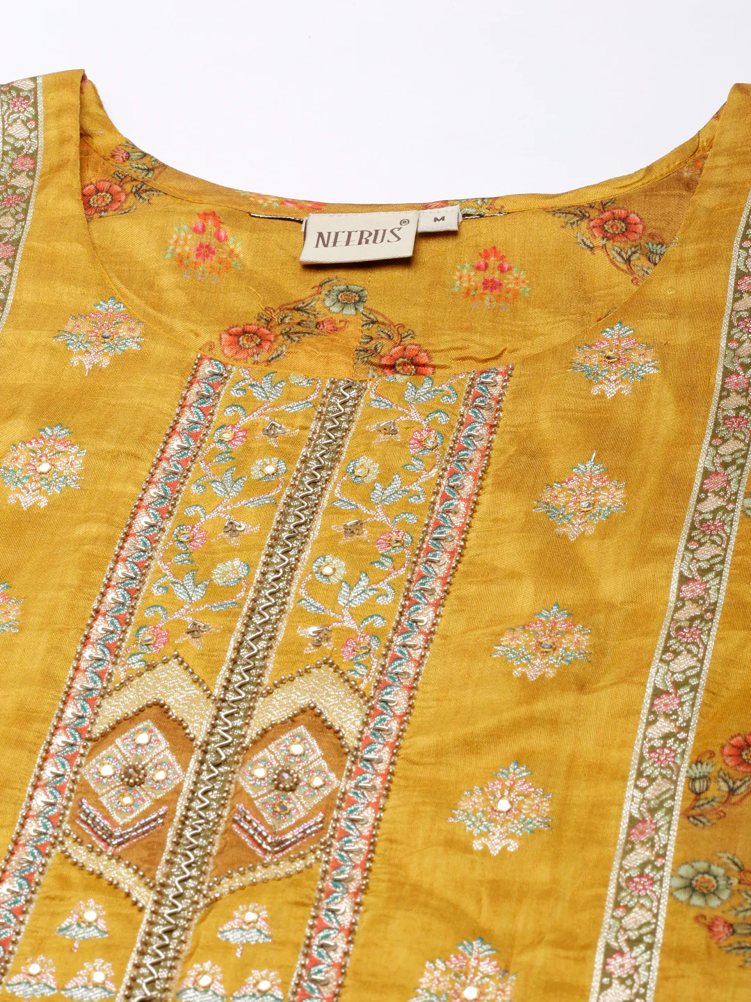 Neerus Mustard Panelled Straight Kurta and Trousers With Dupatta - Image 4