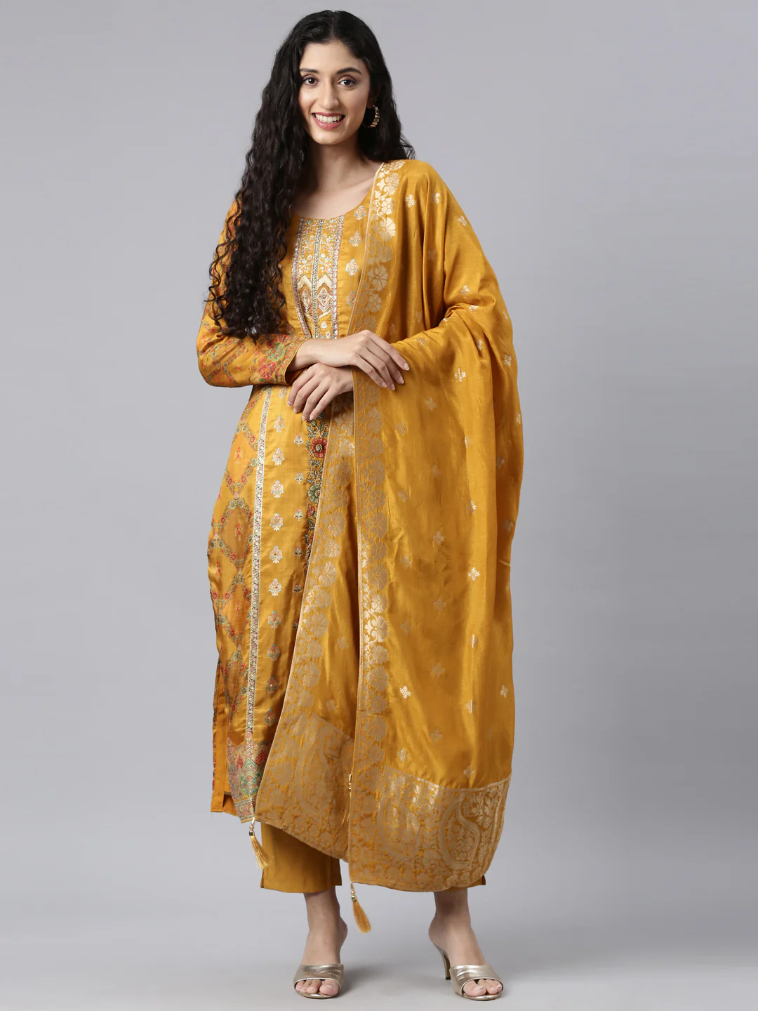 Neerus Mustard Panelled Straight Kurta and Trousers With Dupatta - Image 5
