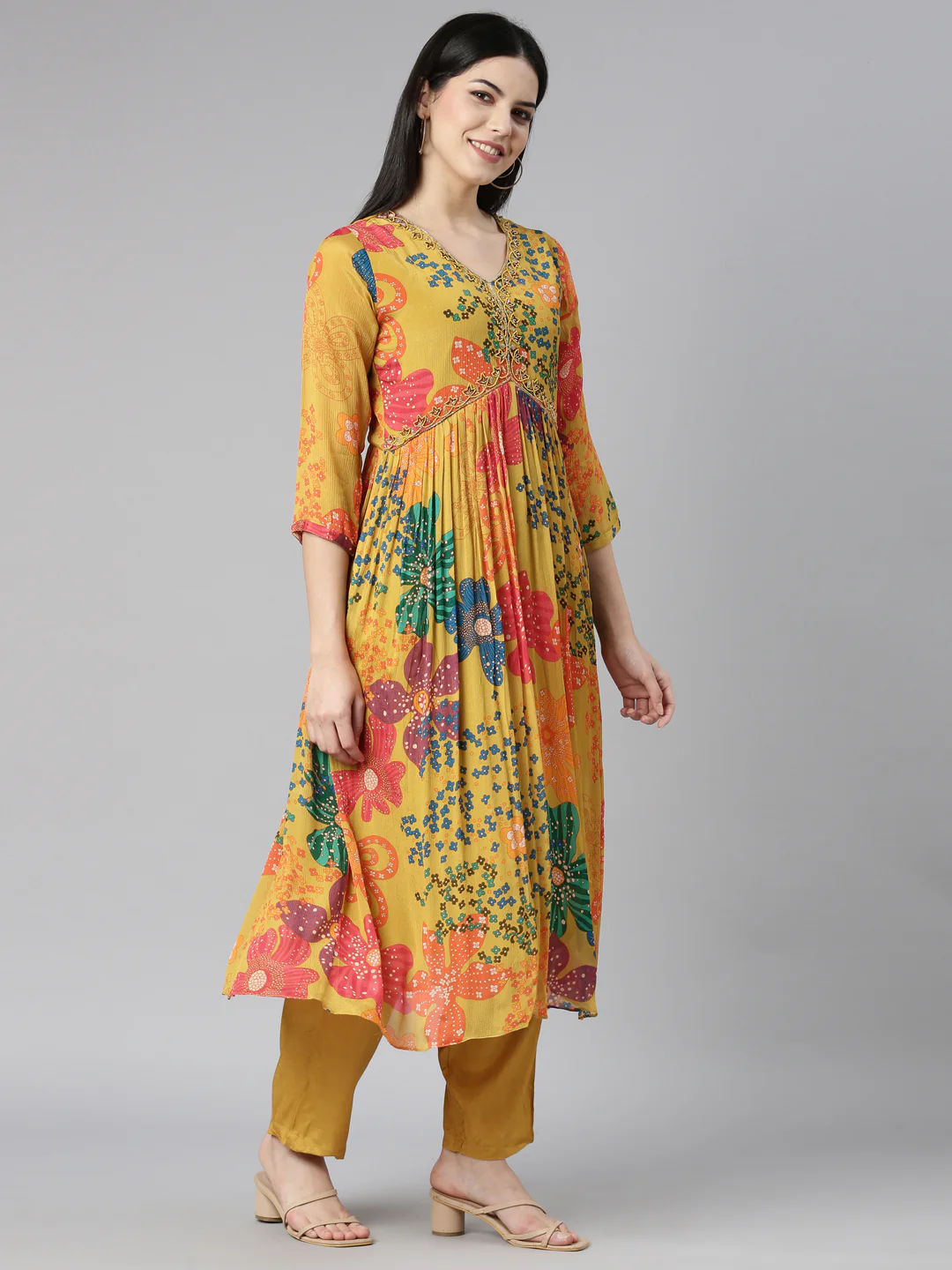 Neerus Mustard Pleated Straight Floral Kurta And Trousers With Dupatta - Image 2