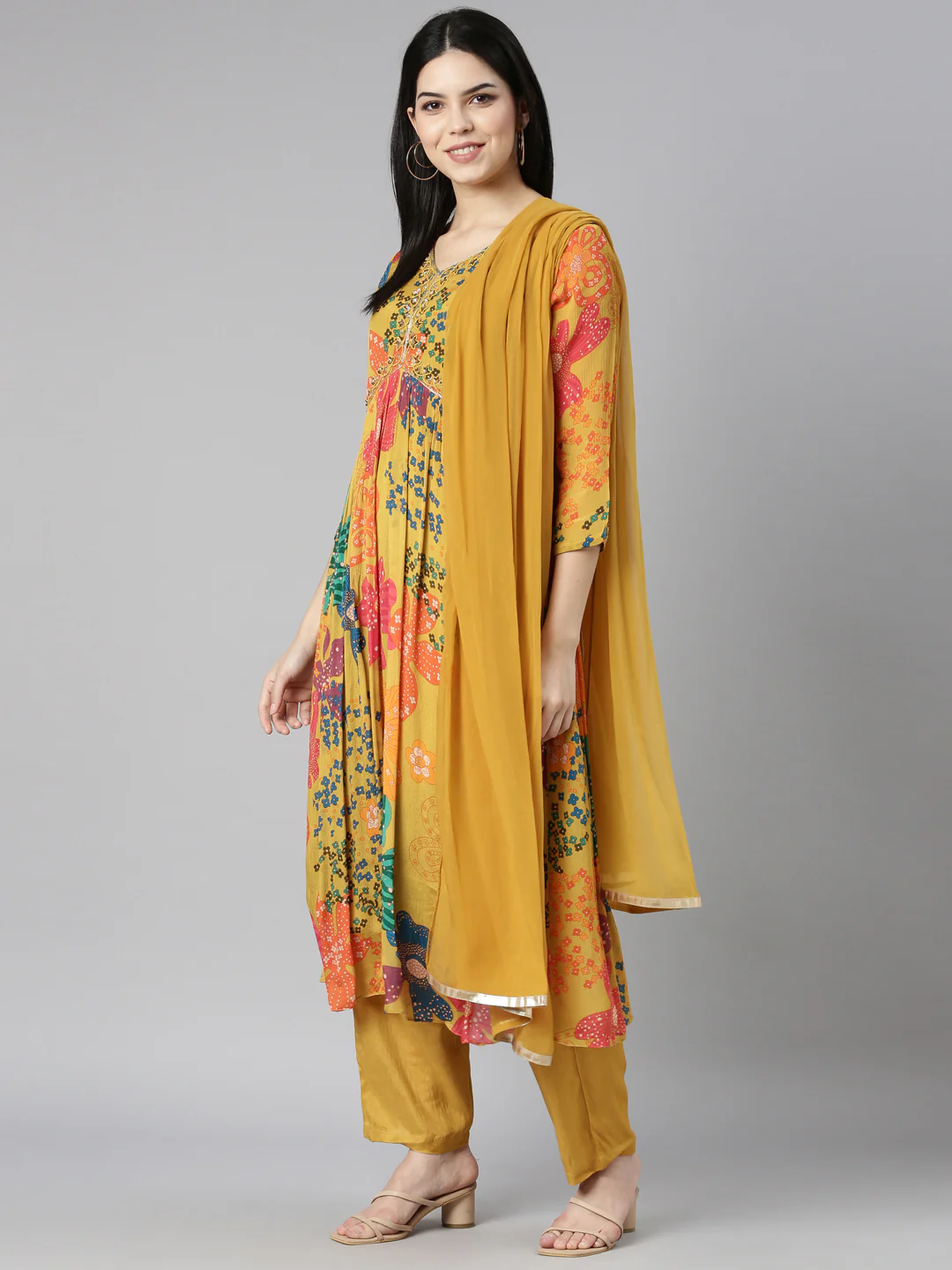 Neerus Mustard Pleated Straight Floral Kurta And Trousers With Dupatta - Image 5