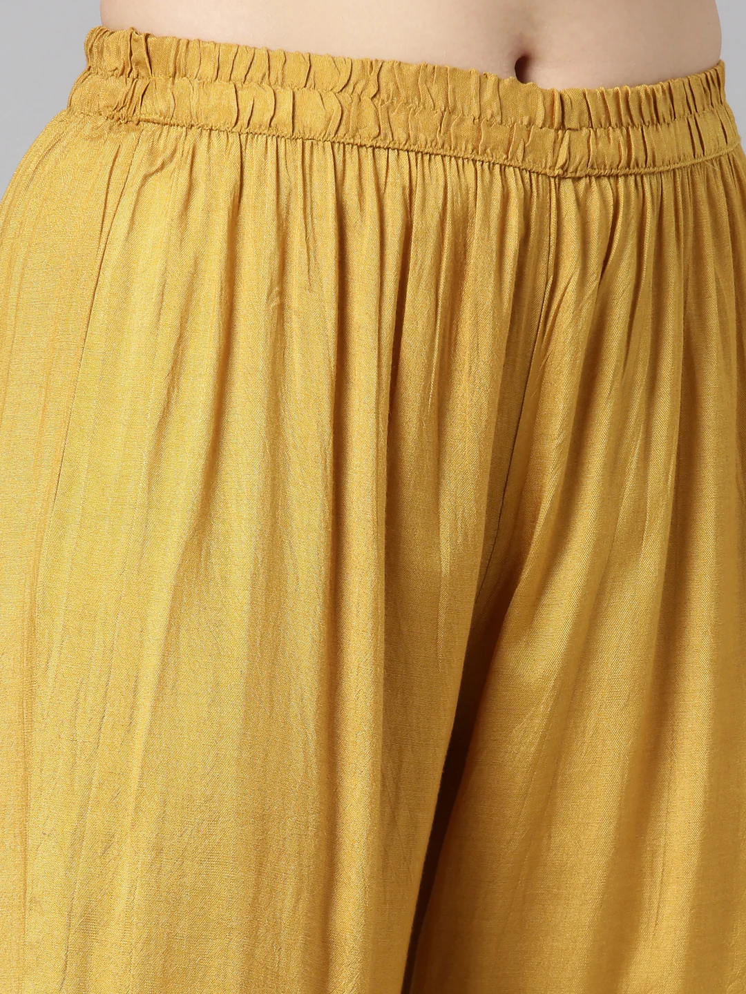 Neerus Mustard Pleated Straight Floral Kurta And Trousers With Dupatta - Image 6