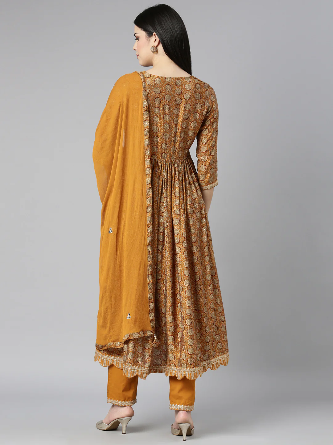 Neerus Mustard Pleated Straight Floral Kurta And Trousers With Dupatta - Image 3