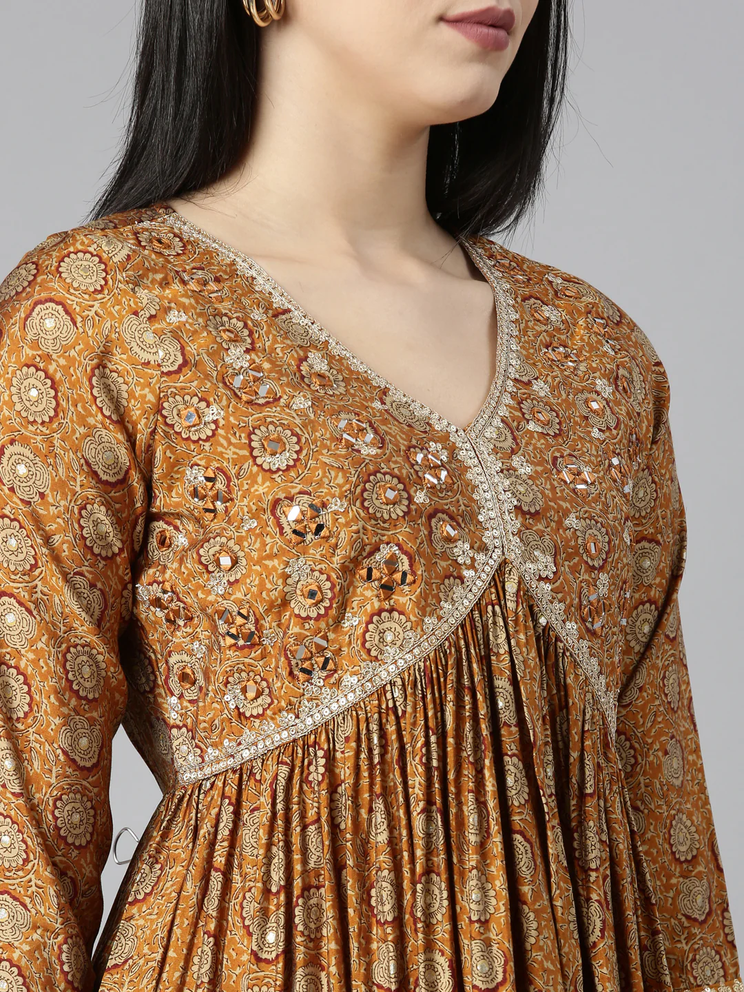 Neerus Mustard Pleated Straight Floral Kurta And Trousers With Dupatta - Image 4