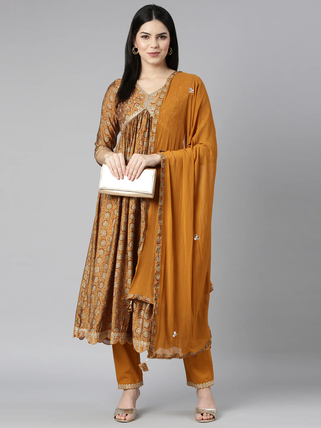 Neerus Mustard Pleated Straight Floral Kurta And Trousers With Dupatta - Image 5