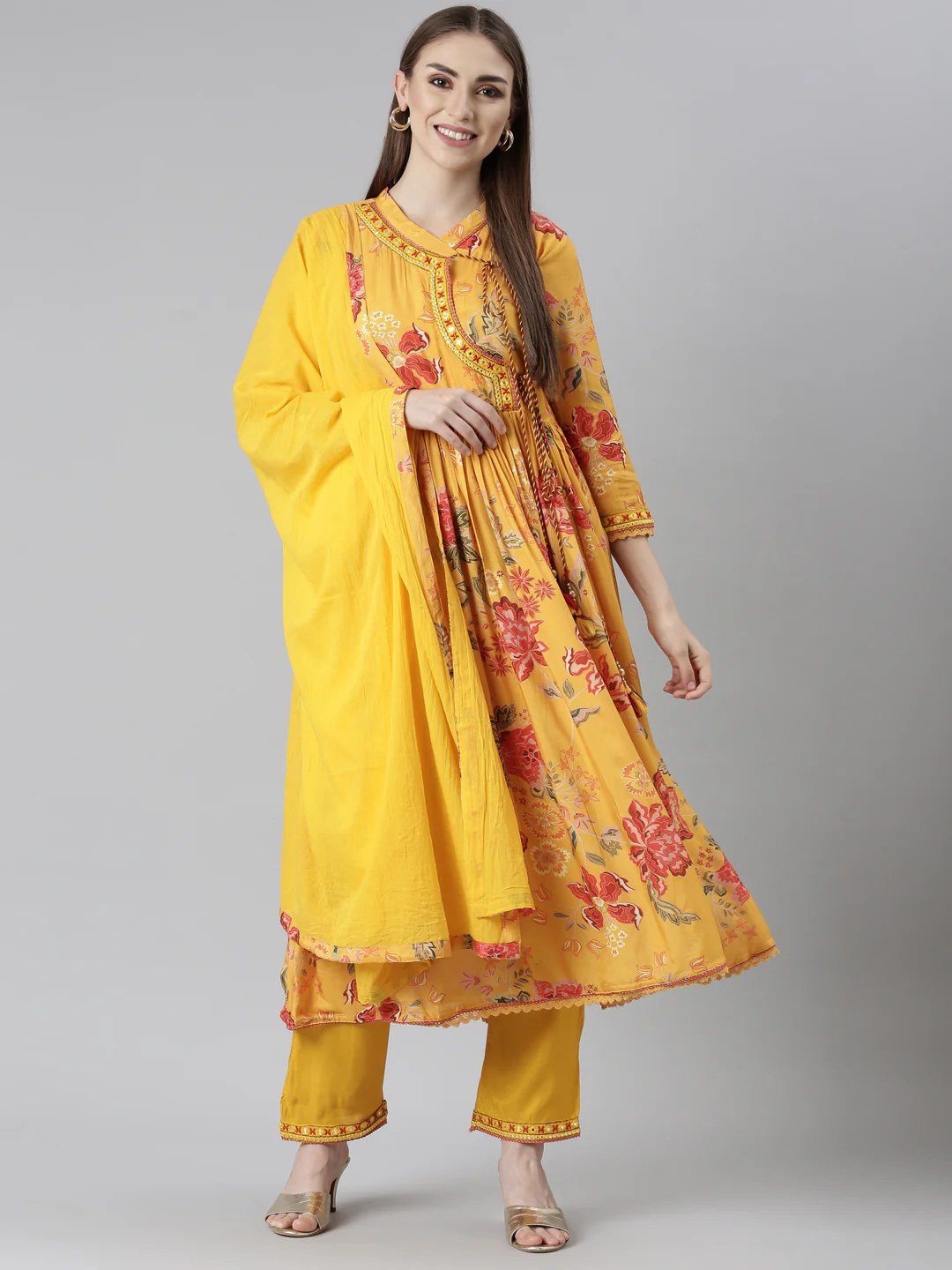 Neerus Mustard Pleated Straight Floral Readymade suits - Image 5
