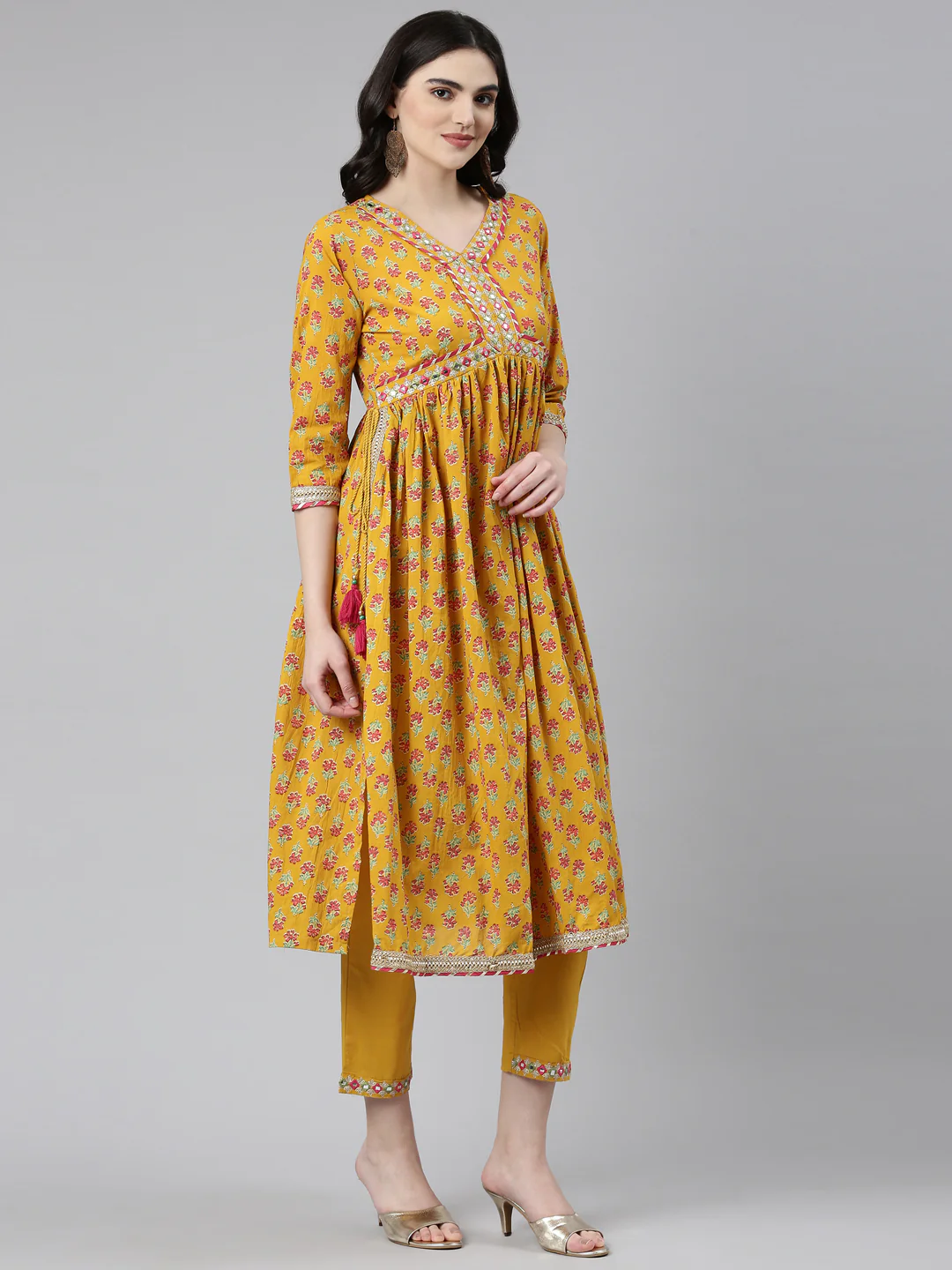Neerus Mustard Pleated Straight Printed Readymade suits - Image 2