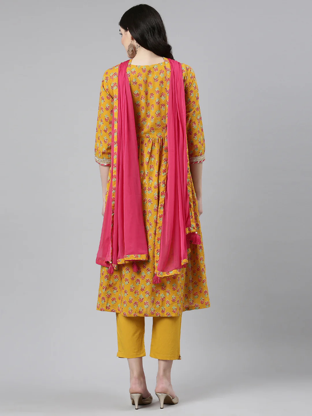 Neerus Mustard Pleated Straight Printed Readymade suits - Image 3