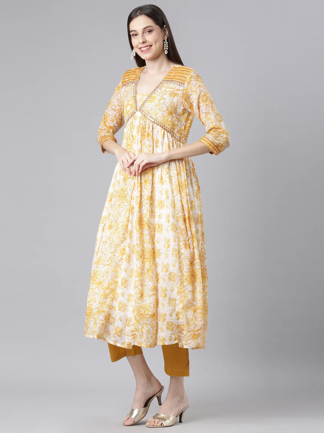 Neerus Mustard Printed Anarkali Kurta and Trousers With Dupatta - Image 2