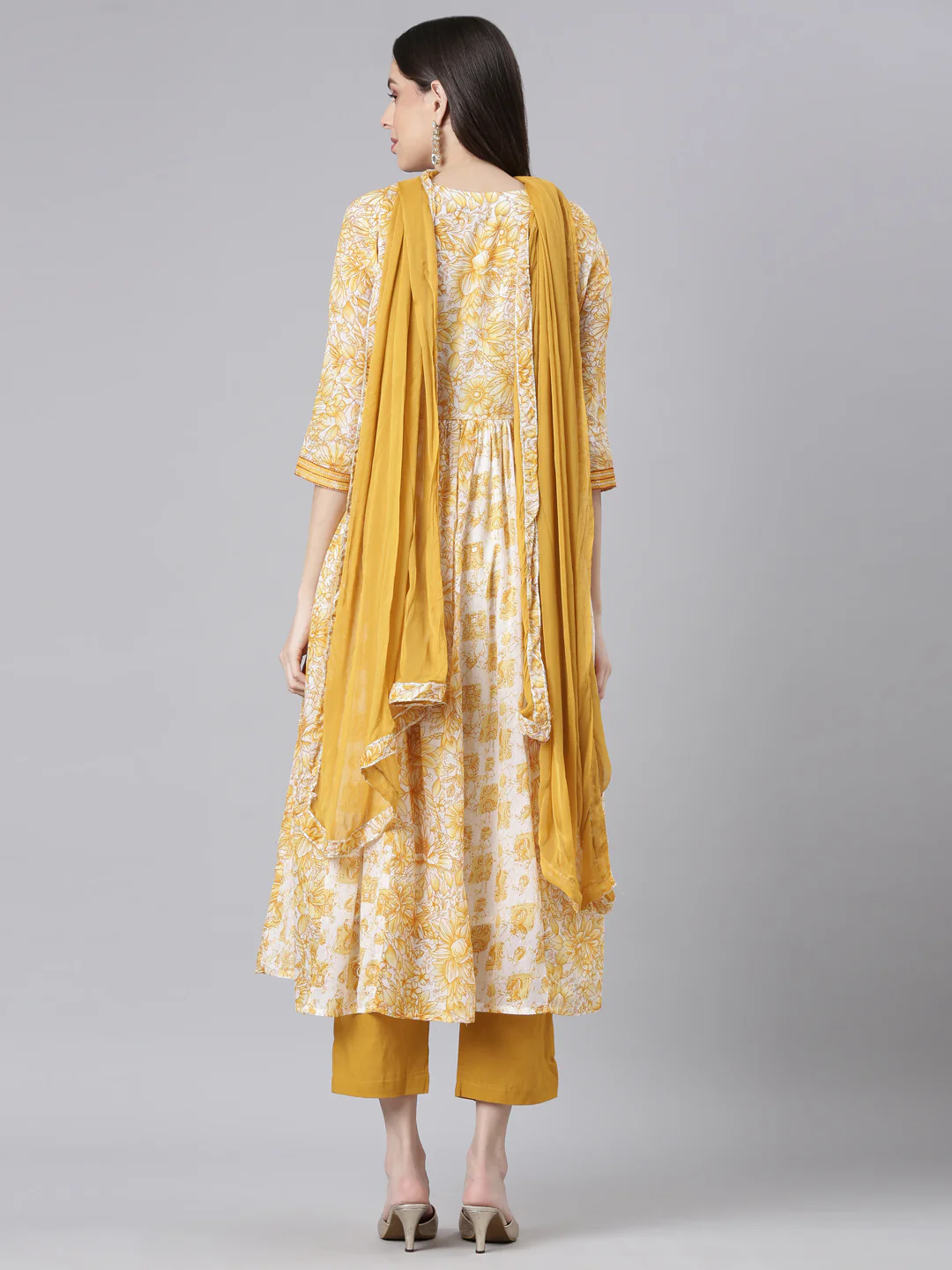 Neerus Mustard Printed Anarkali Kurta and Trousers With Dupatta - Image 3