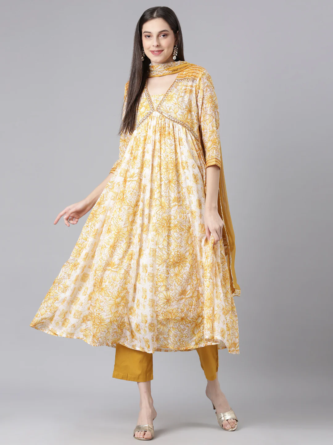 Neerus Mustard Printed Anarkali Kurta and Trousers With Dupatta - Image 4