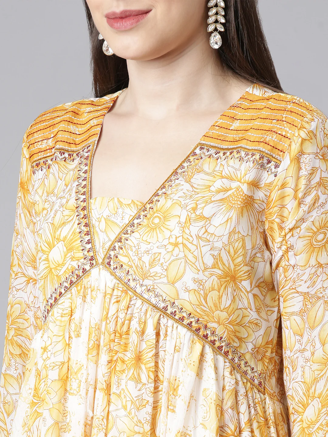 Neerus Mustard Printed Anarkali Kurta and Trousers With Dupatta - Image 5