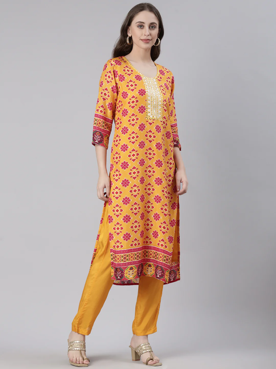 Neerus Mustard Printed Straight Kurta and Trousers - Image 2