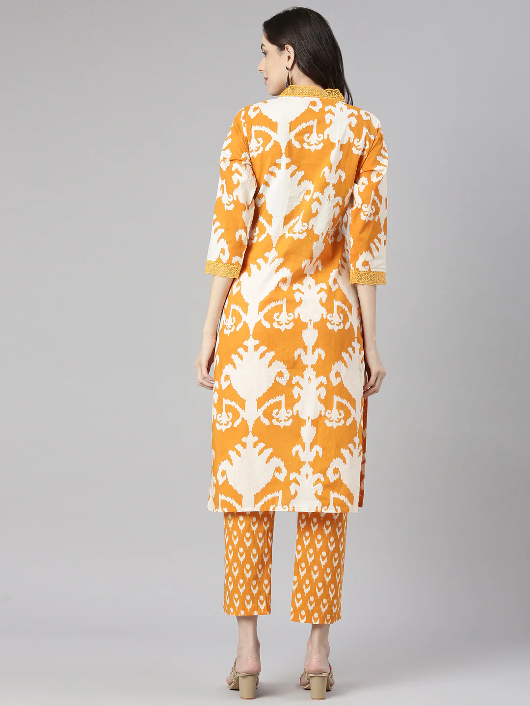 Neerus Mustard Printed Straight Kurta and Trousers - Image 3