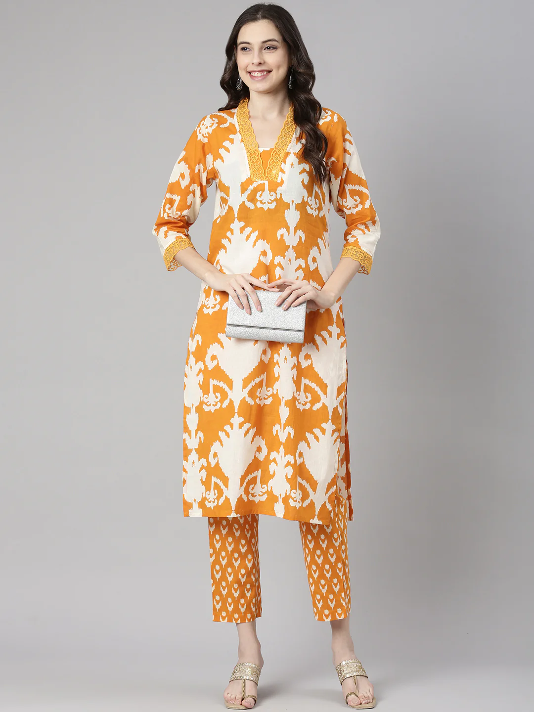 Neerus Mustard Printed Straight Kurta and Trousers - Image 5