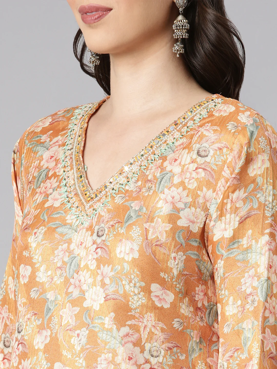 Neerus Mustard Printed Straight Kurta and Trousers With Dupatta - Image 4