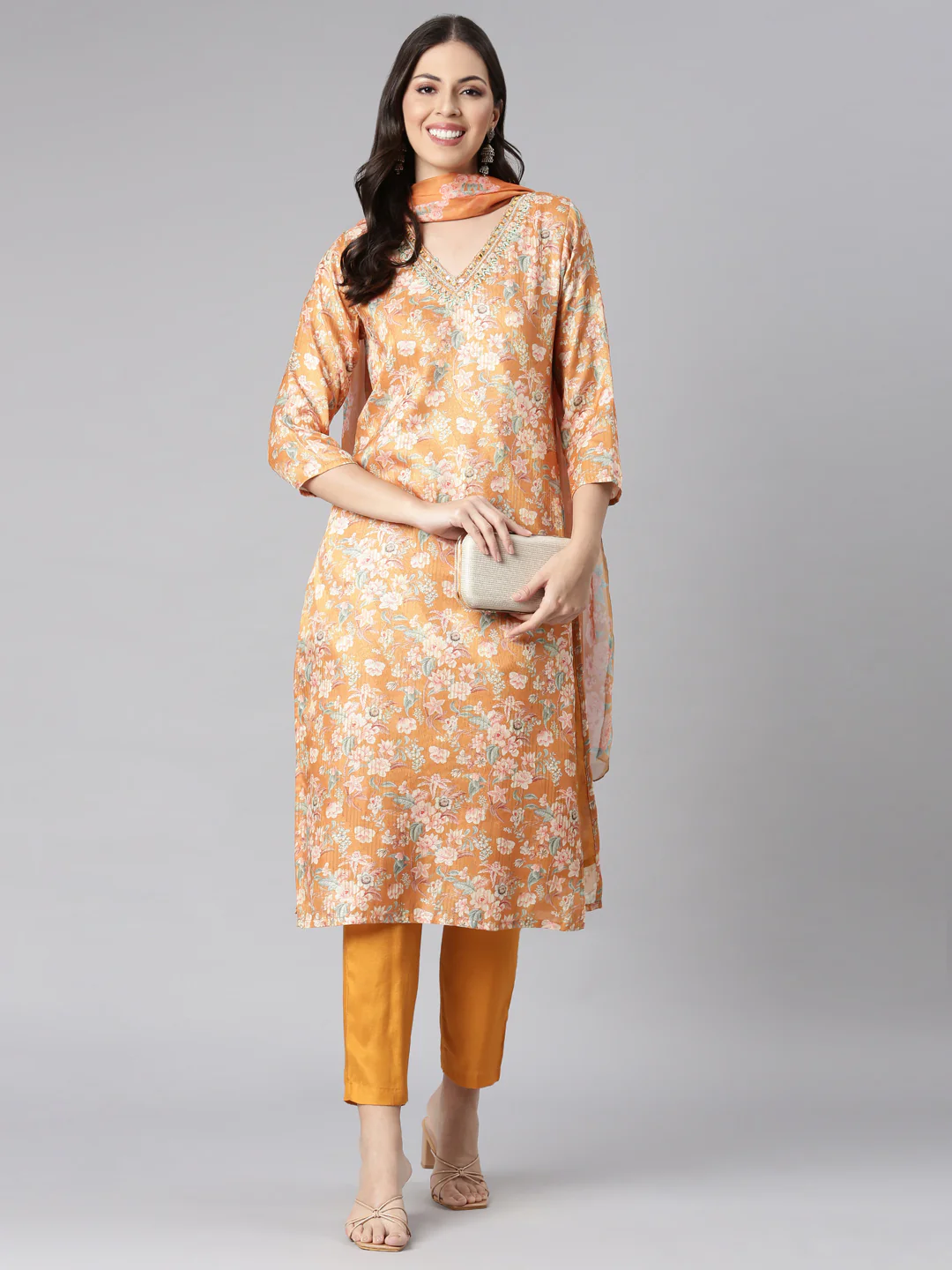 Neerus Mustard Printed Straight Kurta and Trousers With Dupatta - Image 5