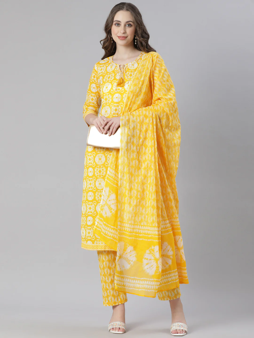 Neerus Mustard Printed Straight Kurta and Trousers With Dupatta - Image 5