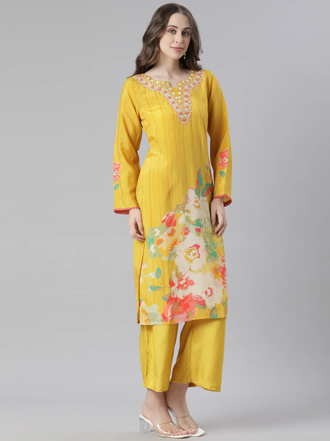 Neerus Mustard Printed Straight Kurta and Trousers With Dupatta - Image 2