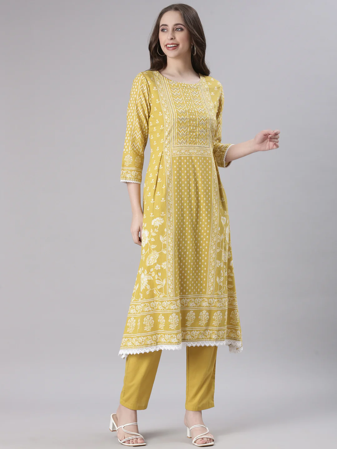 Neerus Mustard Printed Straight Kurta and Trousers With Dupatta - Image 2