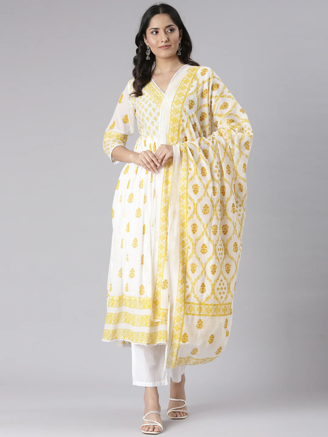 Neerus Mustard Printed Straight Kurta and Trousers With Dupatta - Image 5
