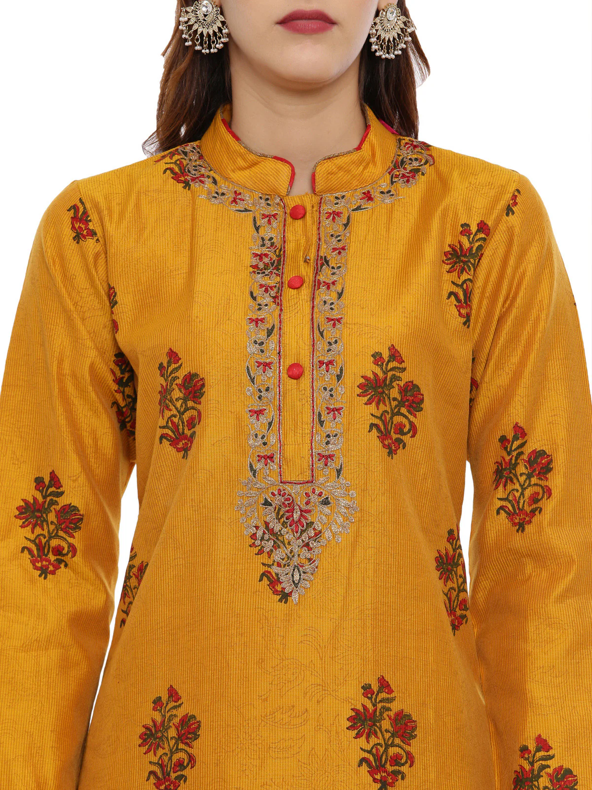 Neerus Mustard & Red Printed Kurta With Pant & Dupatta - Image 2
