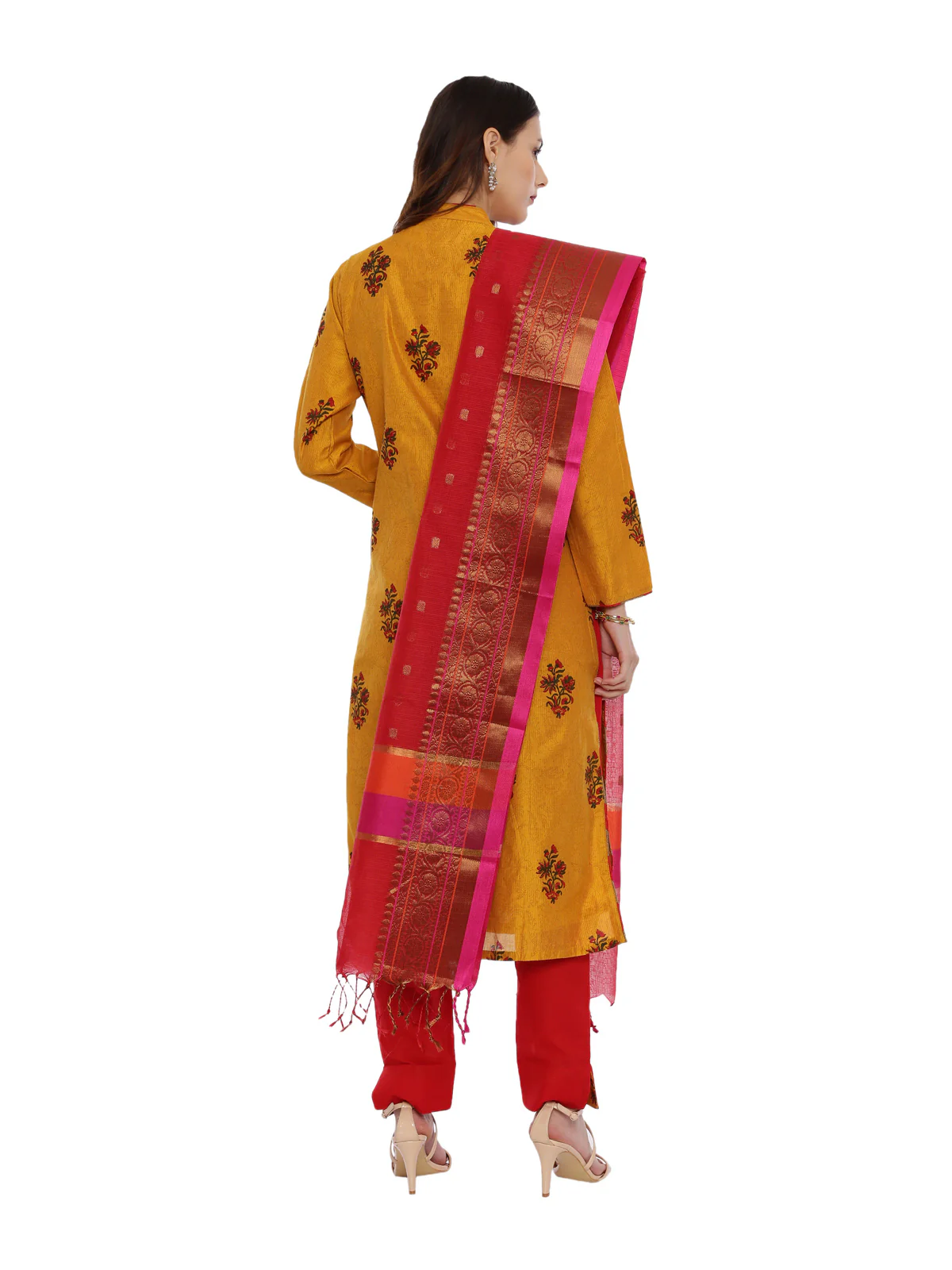Neerus Mustard & Red Printed Kurta With Pant & Dupatta - Image 4