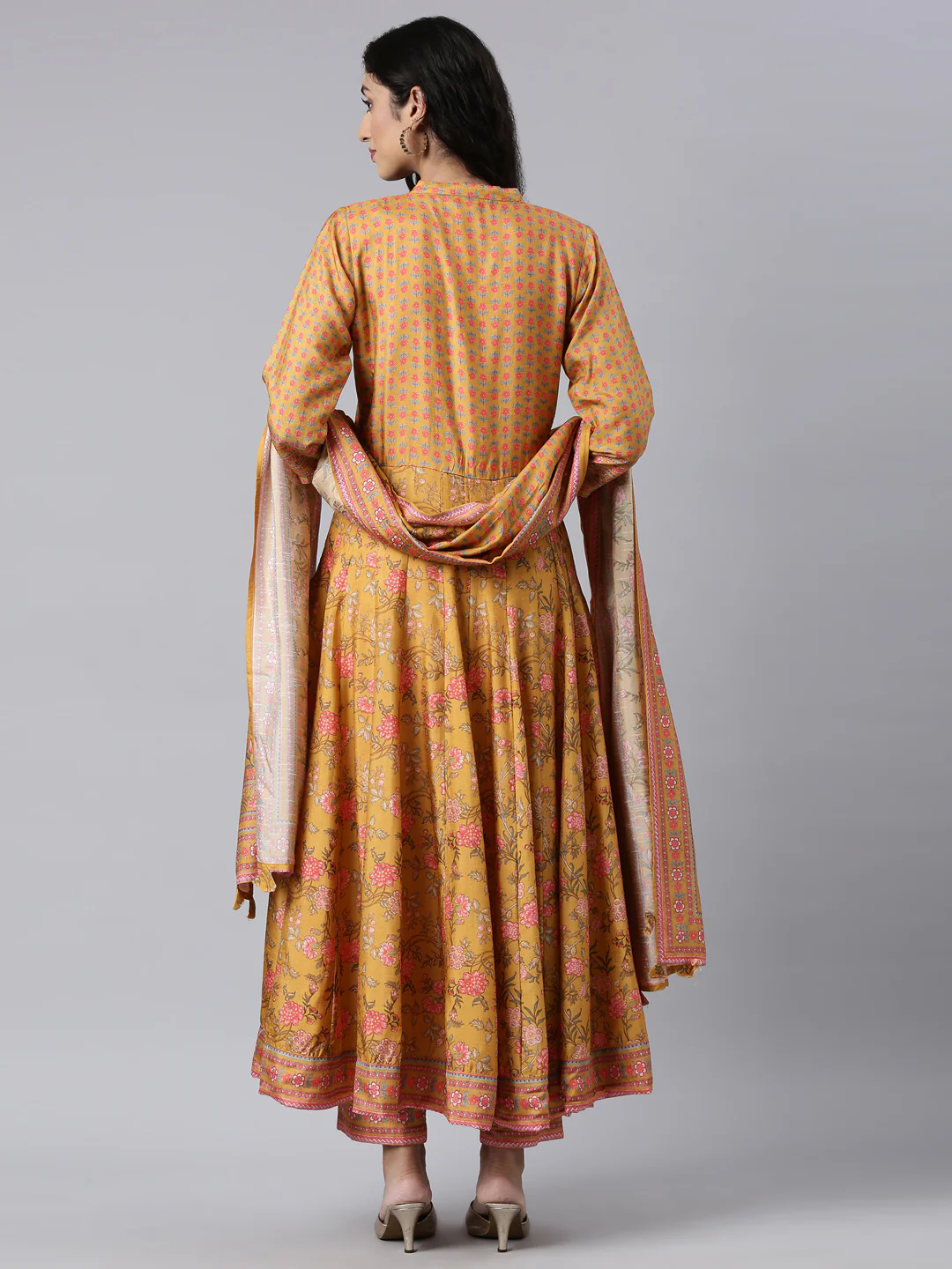 Neerus Mustard Regular Anarkali Kurta and Trousers With Dupatta - Image 3