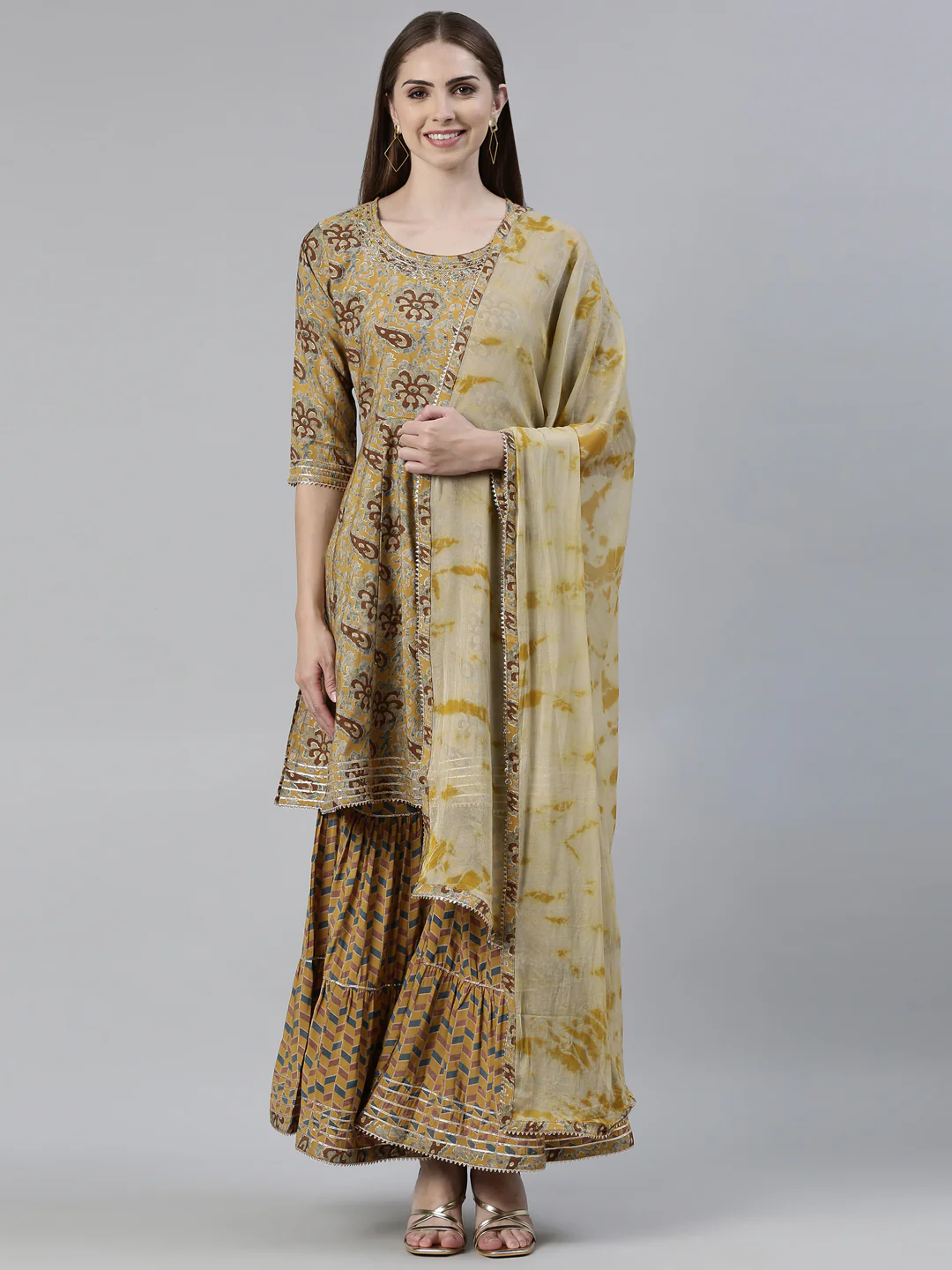 Neerus Mustard Regular Calf Length Printed Kurta Printed Sharara With Dupatta