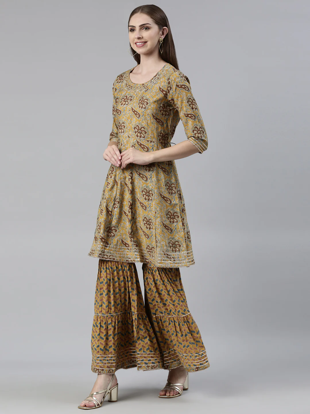 Neerus Mustard Regular Calf Length Printed Kurta Printed Sharara With Dupatta - Image 2