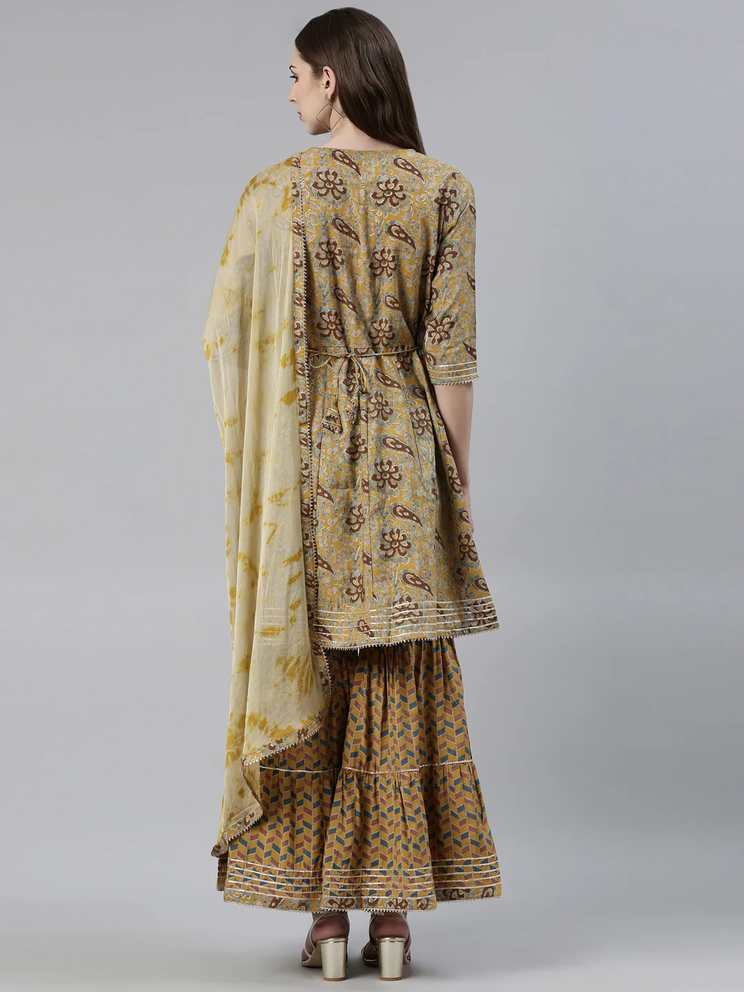 Neerus Mustard Regular Calf Length Printed Kurta Printed Sharara With Dupatta - Image 3